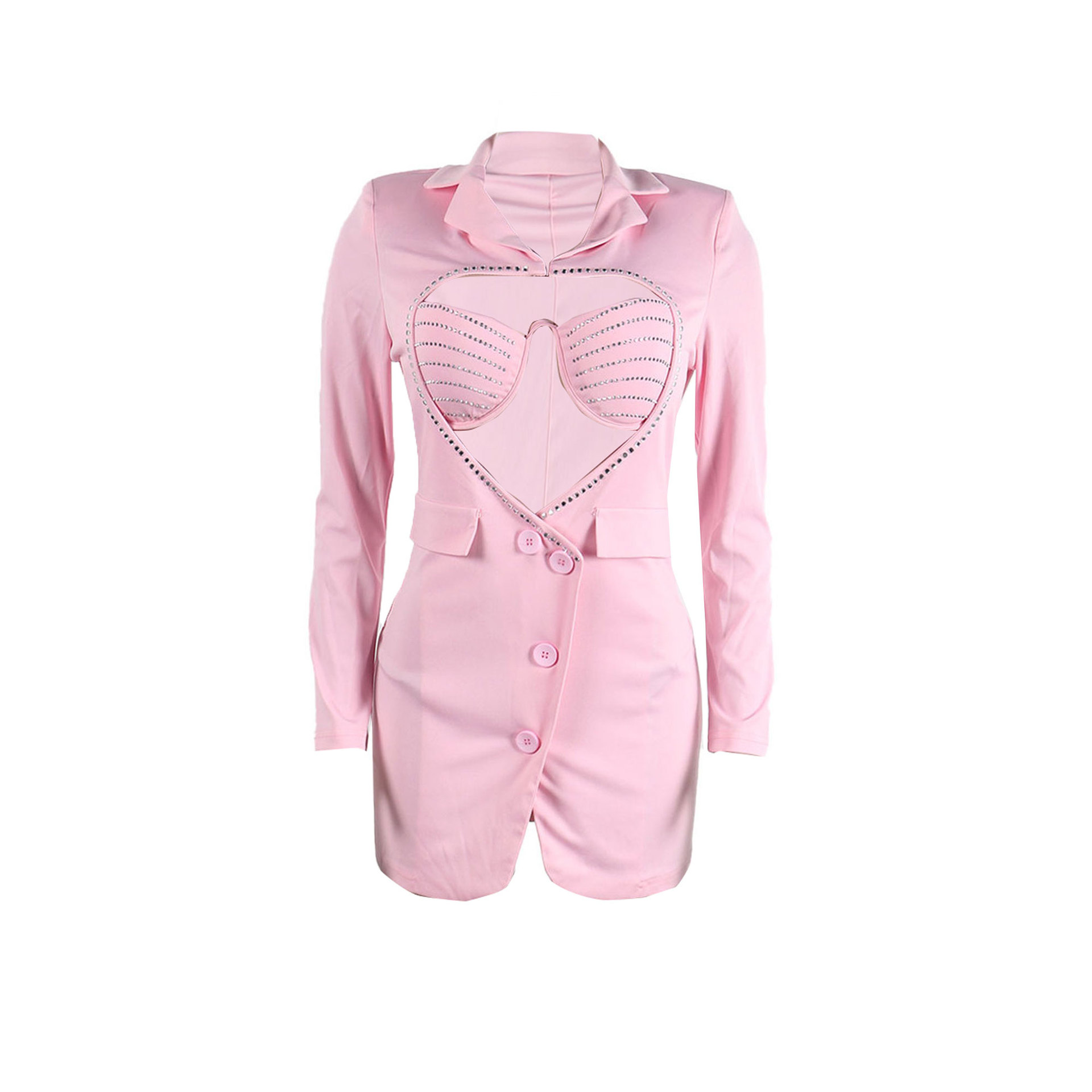 Women's Clothing Slim Fit Two Piece Set Style Sexy Solid Color Bodycon Suit With Rhinestone Heart Shaped Design For Women_voghion.com