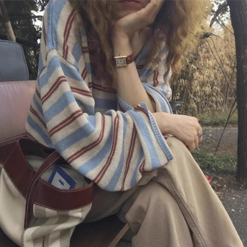 早秋chic韩系慵懒条纹针织衫女早秋设计感小众宽松港味长袖上衣服|undefined