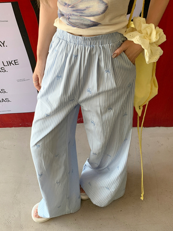 夏日蓝色竖纹蝴蝶结刺绣休闲裤女2025新款小个子独特设计感直筒裤|undefined
