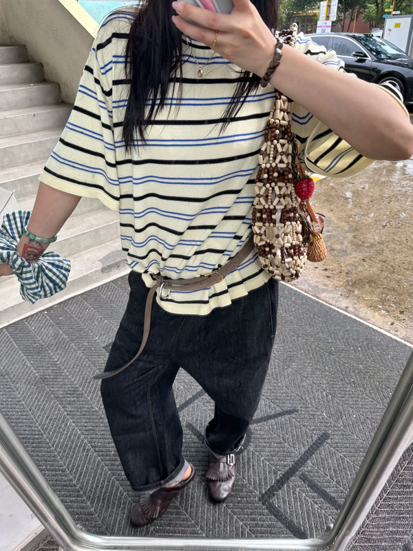 Cor25早秋新款蓝黑条纹针织短袖衫宽松圆领T恤女廓形休闲半袖上衣|undefined