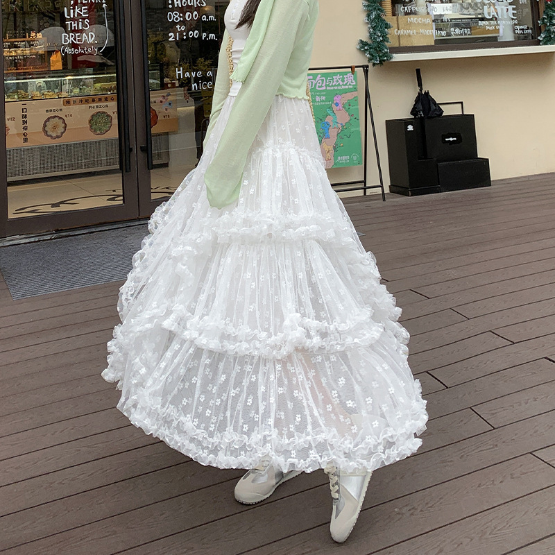 Spring and Summer New Gauze Skirt White Mesh Skirt Women's Mid-Length A-Line High-Waist Slimming Look Large Hem Fluffy Cake Skirt