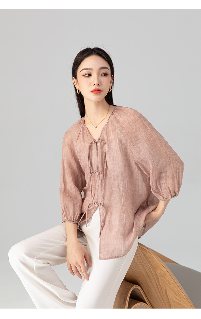 Áo sơ mi chống nắng dáng rộng phong cách Trung Quốc mới vải gai Tencel nữ mùa hè — Màu trà ngọt ngào chi tiết 24