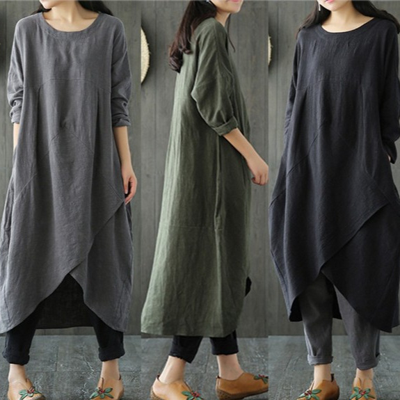 Plus-Size Women's Clothing 2026 New Spring/Summer Ethnic Style Off-Shoulder Sleeve Cotton-Linen Loose Slimming Dress