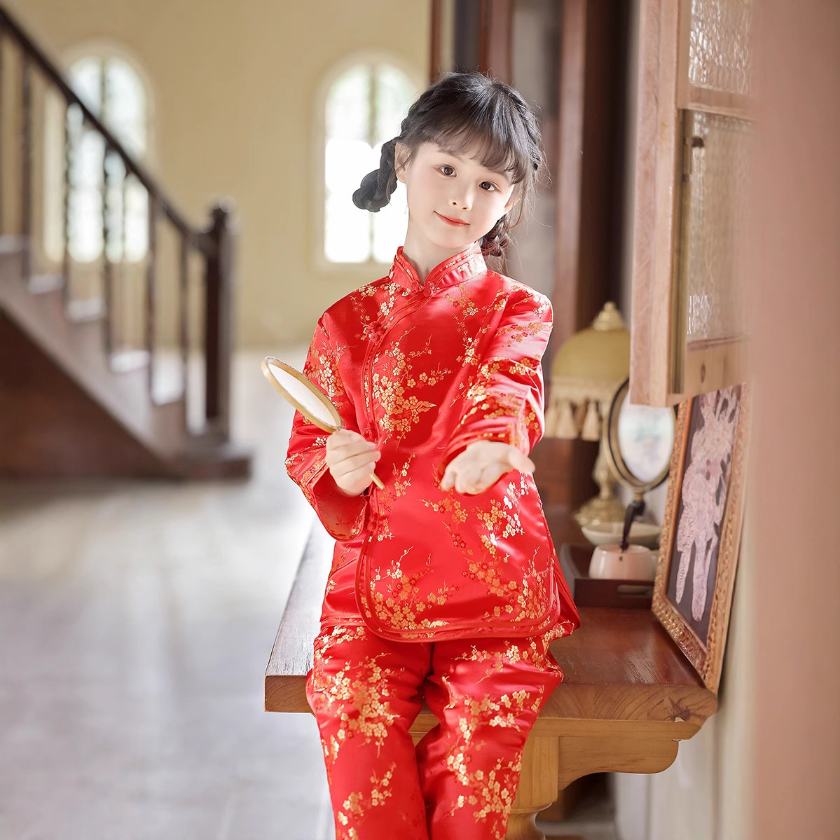 2026 New Summer and Autumn Children's Tang Suit Retro Set with Plum Blossom Chinese Style for Little Girls, Tops and Pants Wholesale