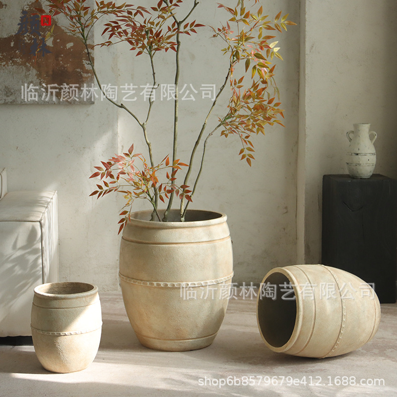 Gran calibre en forma de barril de alto tipo de aterrizaje gran maceta de flores de cemento de viento silencioso hotel centro comercial gran maceta de decoración de plantas verdes