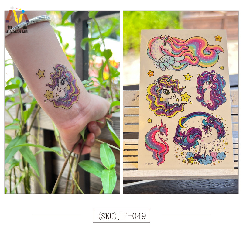 Amazon Venta caliente brillo lindo postre de Navidad unicornio niños tatuaje pegatinas impermeable tatuaje de larga duración