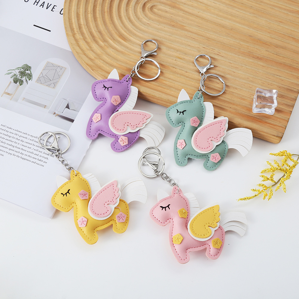 新款小马皮质挂件独角兽PU箱包钥匙扣挂饰双层多面独角兽皮质挂件