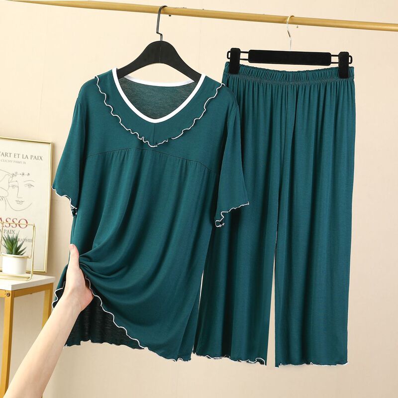 Modal Pajamas Women's Summer 2025 New Short-sleeved Capri Pants plus size Thin Casual Simple Home Clothes Two-piece Set Modal Pajamas Women's Summer 2025 New Short-sleeved Capri Pants plus size Thin Casual Simple Home Clothes Two-piece Set