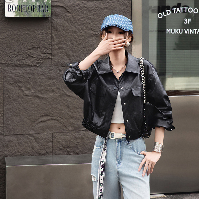 Brand Petite Stylish Leather Jacket for Women, Autumn New Cool American Biker Style Unique Genuine Leather Short Coat