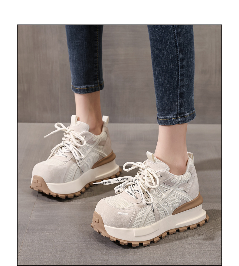 Giày sneaker nữ đế dày tăng chiều cao lưới thoáng khí phong cách dad sneaker — màu be chi tiết 13
