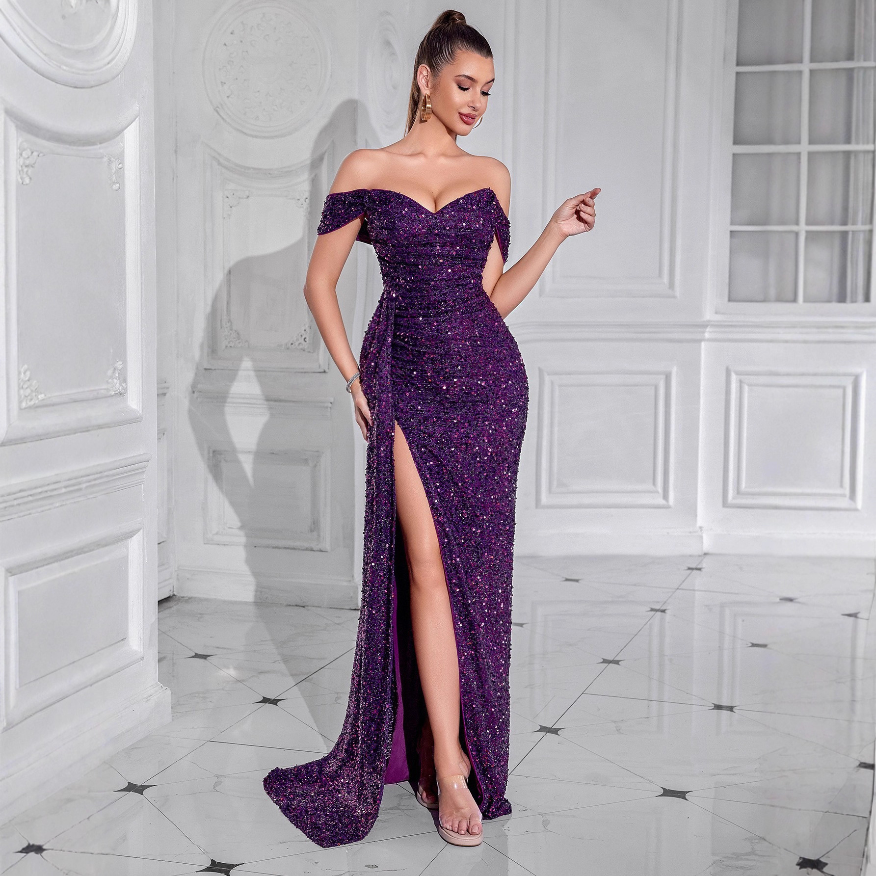 Cross-Border New Sequin Strapless Dress High-End Women's Party Wedding Mermaid Long Evening Gown_ecoleips.com