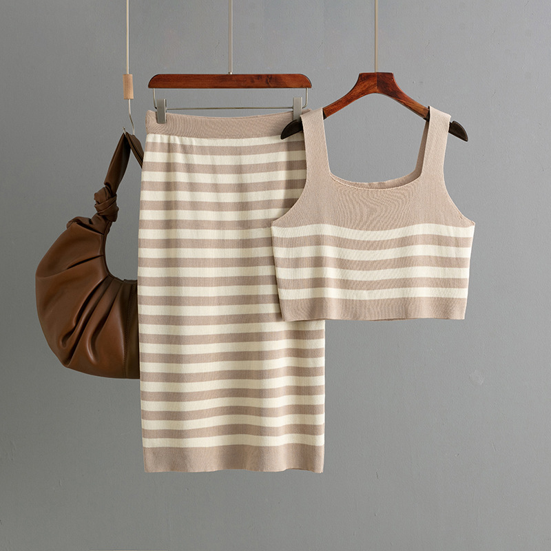 246g Weight Sleeveless Sleeve Length Ice Silk Fabric Type Leisure Suit Sets Type Daily Occasion Collarless Neckline Contrast Binding Function Slim Fit Type Stripes/Plaid Pattern Summer Season Women's Gender Basic, Commute style Style Daily Women's Basic Commute Style Stripes/Plaid Ice Silk Leisure Suit Skirt Sets 4