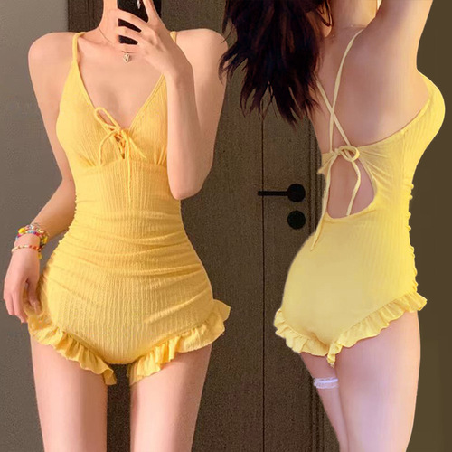 Swimsuit women's one-piece suspender solid color long sleeve two-piece set to make you look slim and sexy backless hot spring bathing suit wholesale