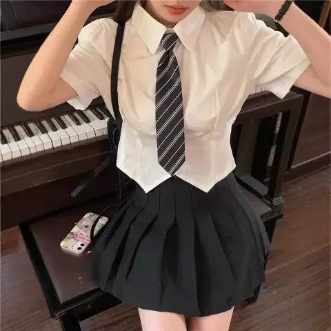 POLO领白色短袖衬衫女夏季新款修身学院风减龄气质JK制服衬衣上衣