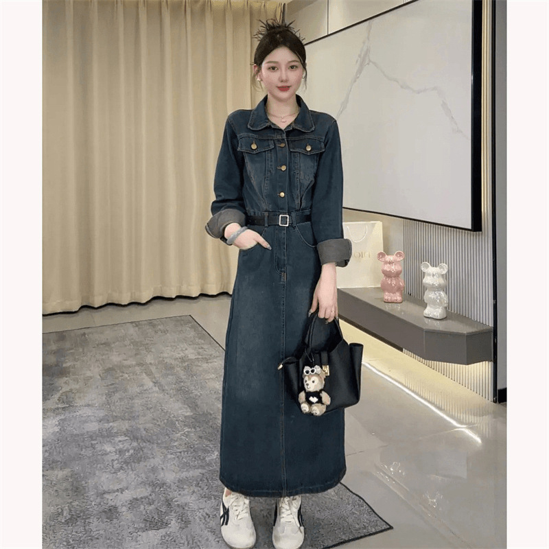 Retro Blue Denim Dress Long-Sleeved Spring & Fall New Hong Kong Style Slimming Look Design Elegant Loose Waist Slit Long Skirt