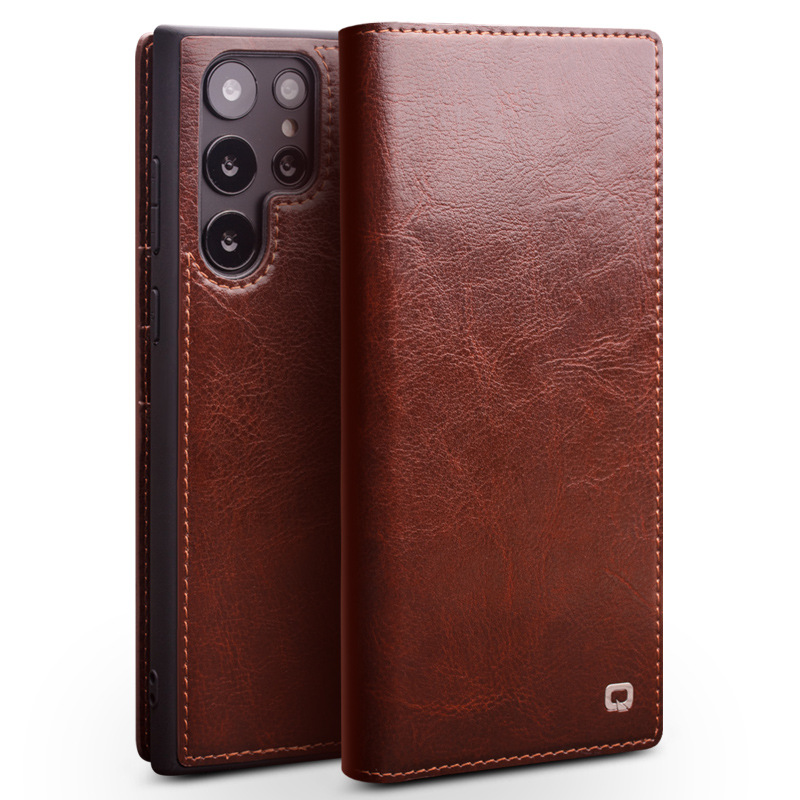 Qiali Is Suitable for Samsung Galaxy S24 Ultra Phone Case, Genuine Leather S26Plus Protective Cover with Flip Cover and Card Slot