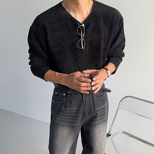 Round collar knitted long-sleeved t-shirt autumn Korean high-end fashion casual all-matching lazy style bottomed shirt trendy men's