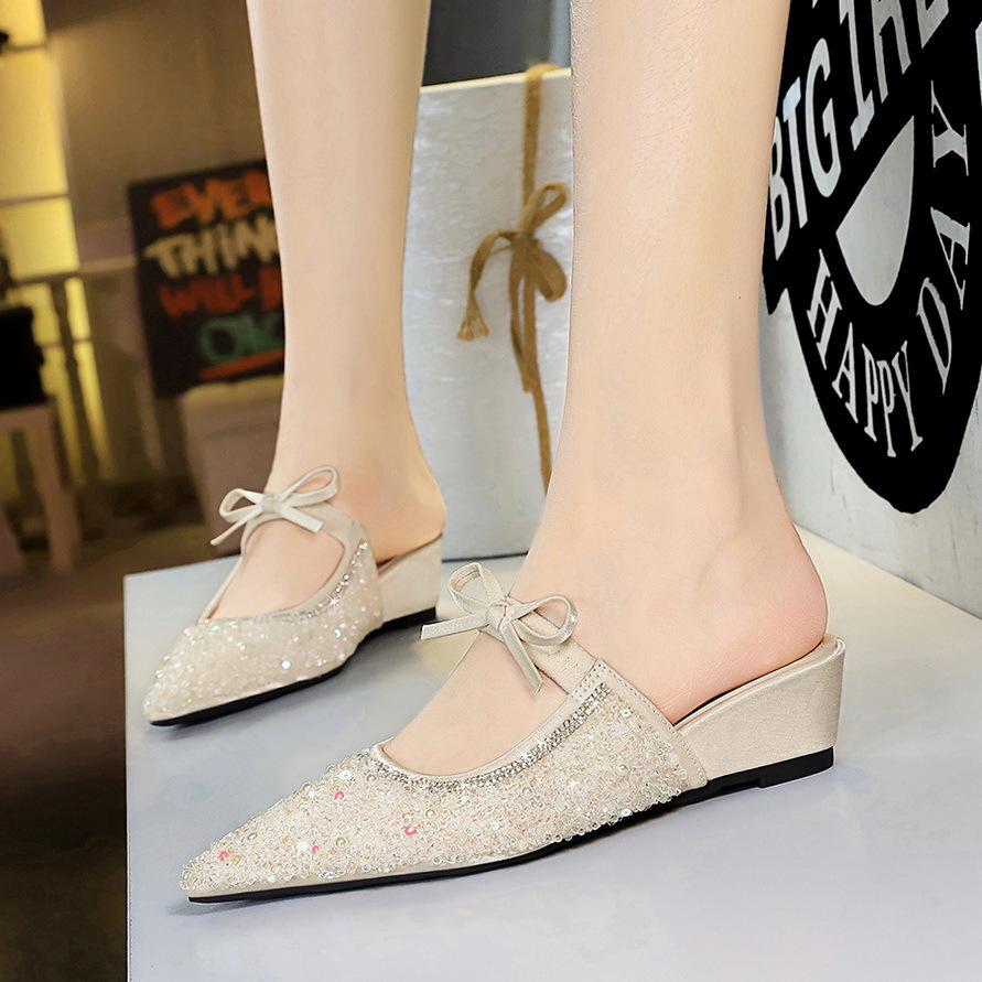 Pointed Rhinestone Mules With Bow, Comfortable Women's Shoes_voghion.com
