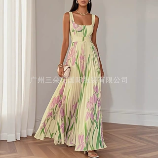 2025 欧美女装 独立站 亚马逊 吊带 数码印花压褶 碎花长裙连衣裙