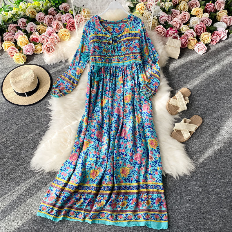 Thai Travel Photographer Ethnic Style Retro Large Swing Dress Bohemian Loose Floral Super Long Beach Holiday Dress