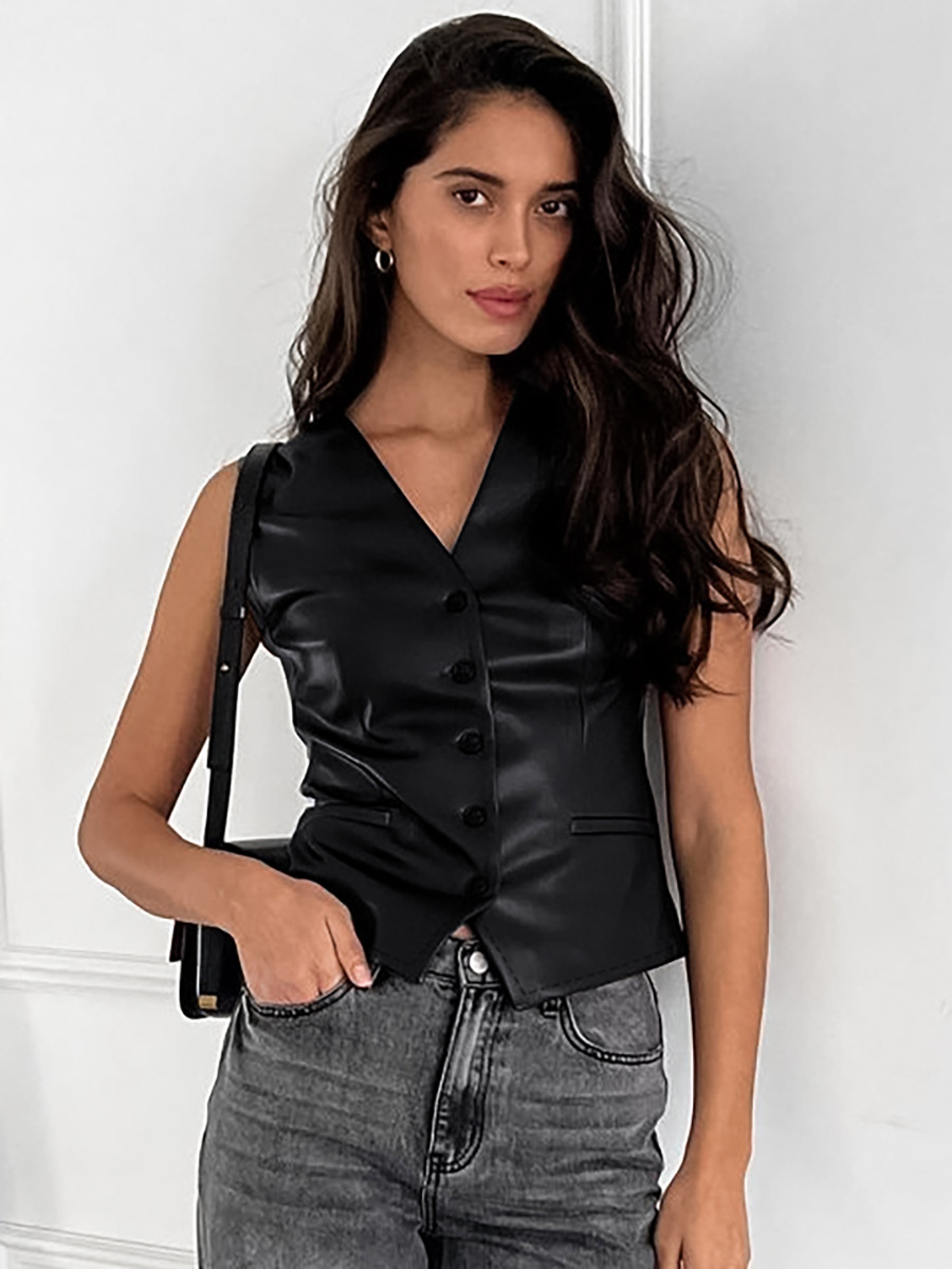 Nuevo cuello en V elegante viajero versátil ropa de mujer europea y americana Chaleco de alto grado negro de estilo francés transfronterizo 2023 Otoño e Invierno