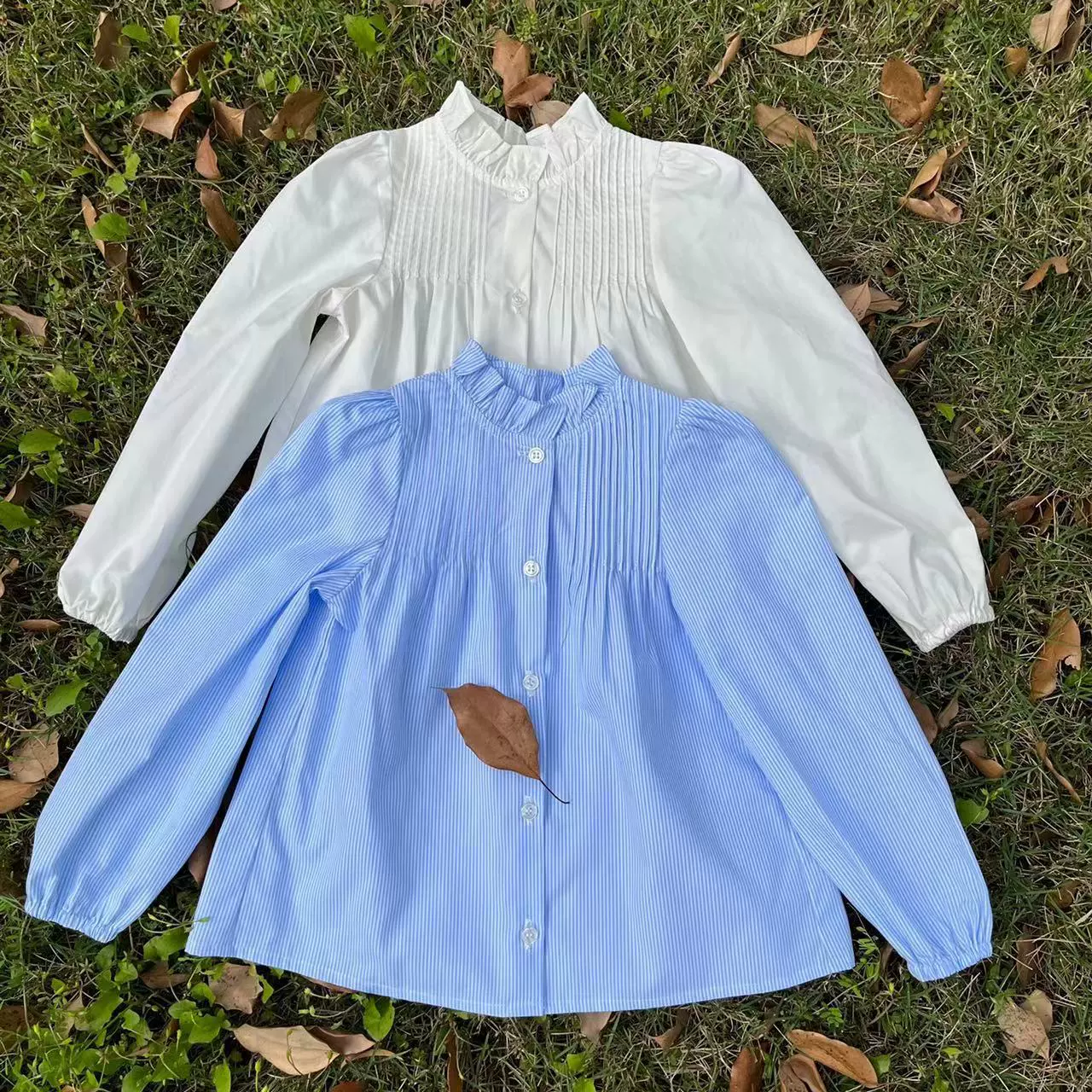 Хлопковая детская плиссированная рубашка принцессы Рубашка с воротником принцессы с рюшами Синяя полосатая Базовая рубашка