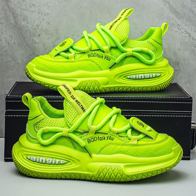2025 nuevos zapatos de papá con personalidad, aumento de estilo de hombre, calle frita, verde fluorescente, zapatos de hombre, plataforma de suela gruesa, explosión de zapatos casuales de estación europea