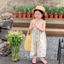 韩版儿童背带裤 女童百搭碎花背带裤子 阔腿吊带连体裤一件代发