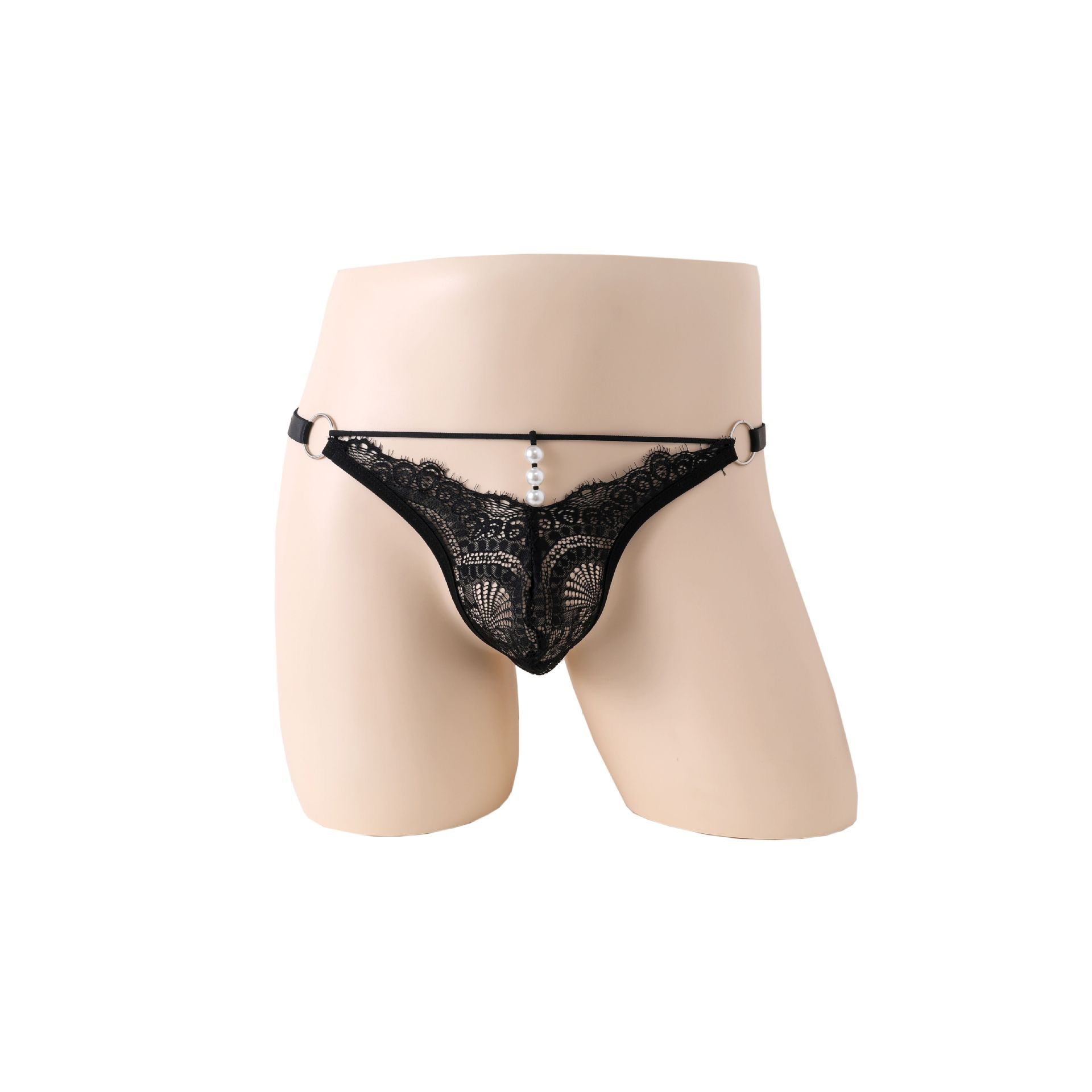 String pour homme en dentelle ajourée, taille basse, ajustable, perles, sous-vêtement sexy_voghion.com