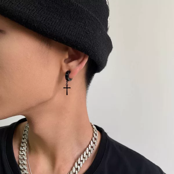 Titanium Steel Stainless Steel Unisex Non-Pierced Cross Ear Clip Boyfriend Style Cross Black Simple Ear Buckle