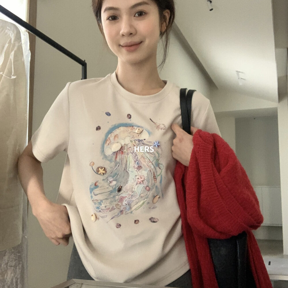 Áo thun nữ cổ tròn tay ngắn phong cách công sở thiết kế đường may vỏ sò — màu trắng, màu mơ