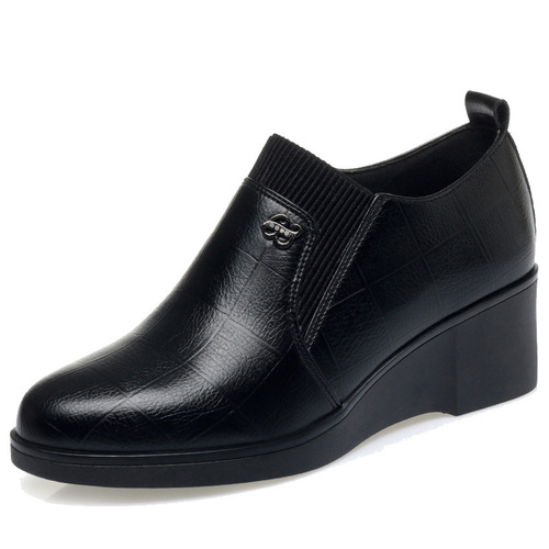 Women's Mid-Age Flat Soft Leather Shoes Spring and Autumn Single Shoes for Elderly and Mature Ladies with Heel