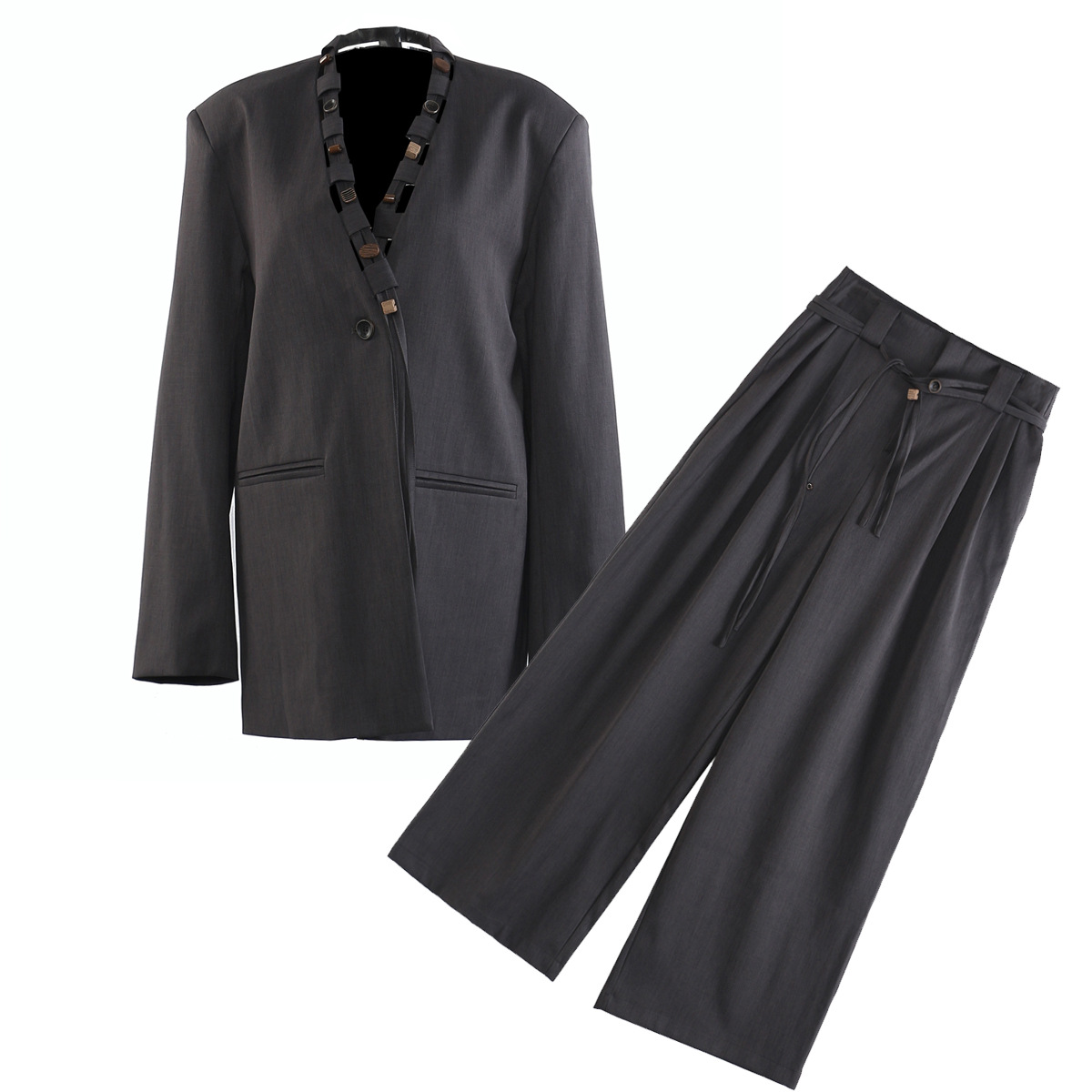 Ensemble blazer et pantalon deux pièces GraceChic Automne 25, coupe ample et tendance, boutons en bois véritable, pour femme, référence 1816_voghion.com
