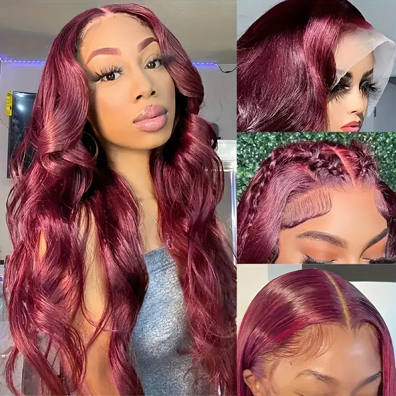 Front Lace Wig Front Lace Wig Women's Center Split Wine Red Large Wave Long Curly Hair Full Head Set Wholesale