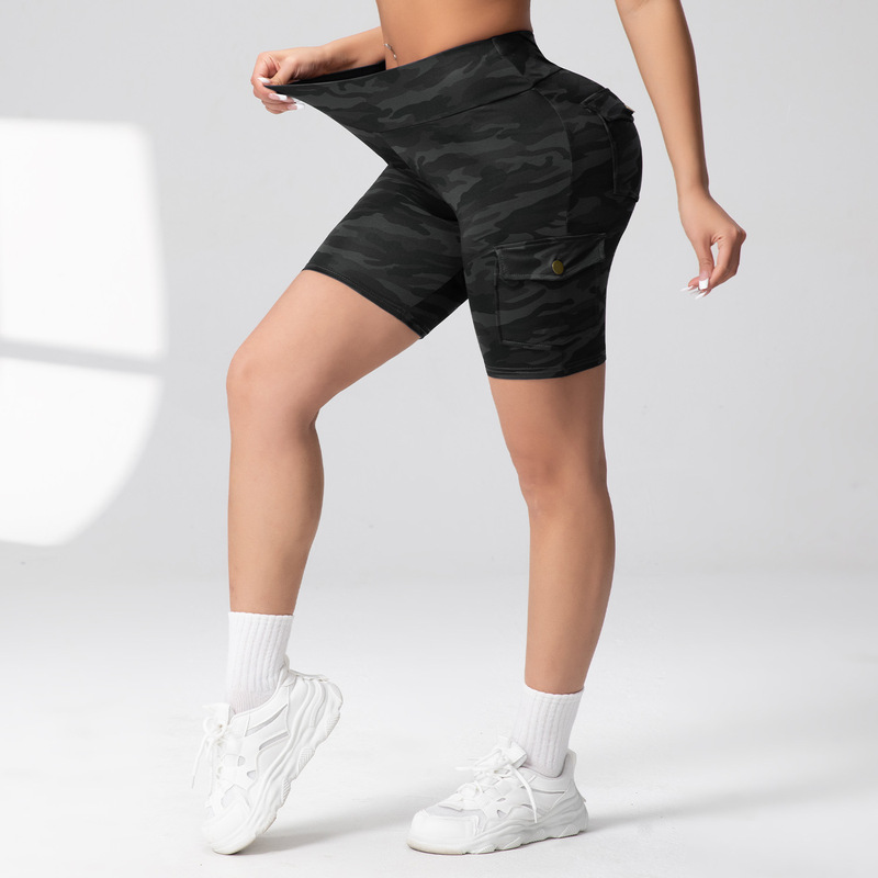 Cross-Border European and American Women's Outdoor Sports High-Waist Cycling Camouflage Pocket Shorts Fitness Printed Casual Cargo Shorts