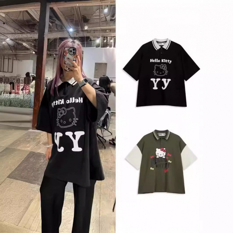 Open Yy New Loose-Fitting Polo Shirt Hello Kitty Collaboration Cute Printed Loose Short-Sleeved T-Shirt for Women Open Yy New Loose-Fitting Polo Shirt Hello Kitty Collaboration Cute Printed Loose Short-Sleeved T-Shirt for Women