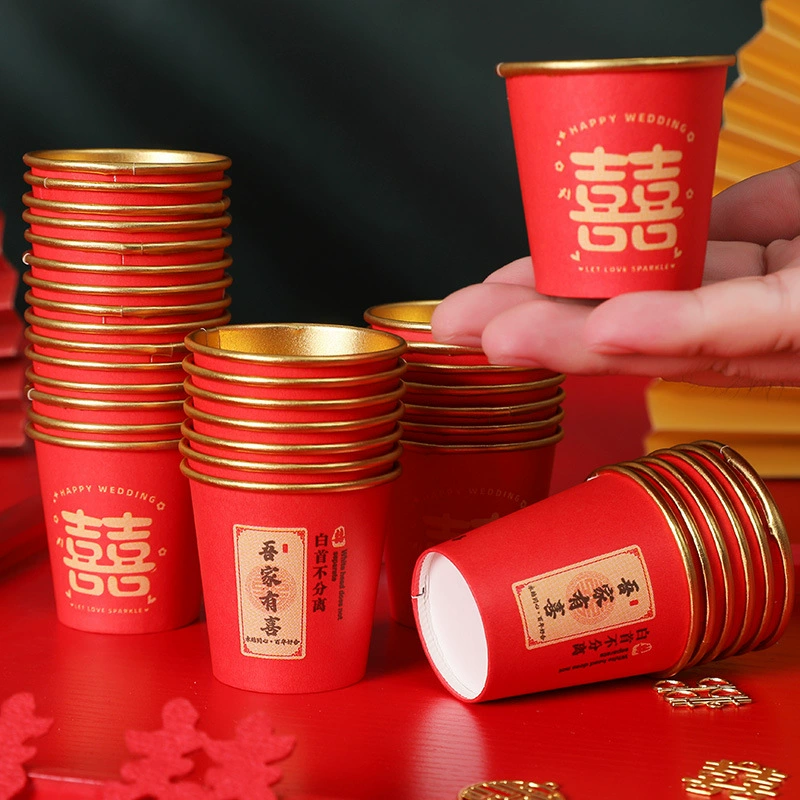 Одноразовые свадебные стаканчики из плотной золотой фольги, маленькие, с узким горлышком, для вина, красные, с надписью «Счастливого дня», для чая и тостов
