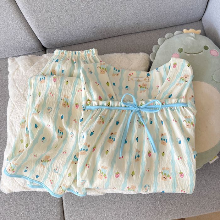 Venta al por mayor transfronteriza primavera y otoño nube pijamas de algodón pantalones de manga larga para mujer cuello cuadrado estilo princesa dibujos animados ropa para el hogar traje exterior