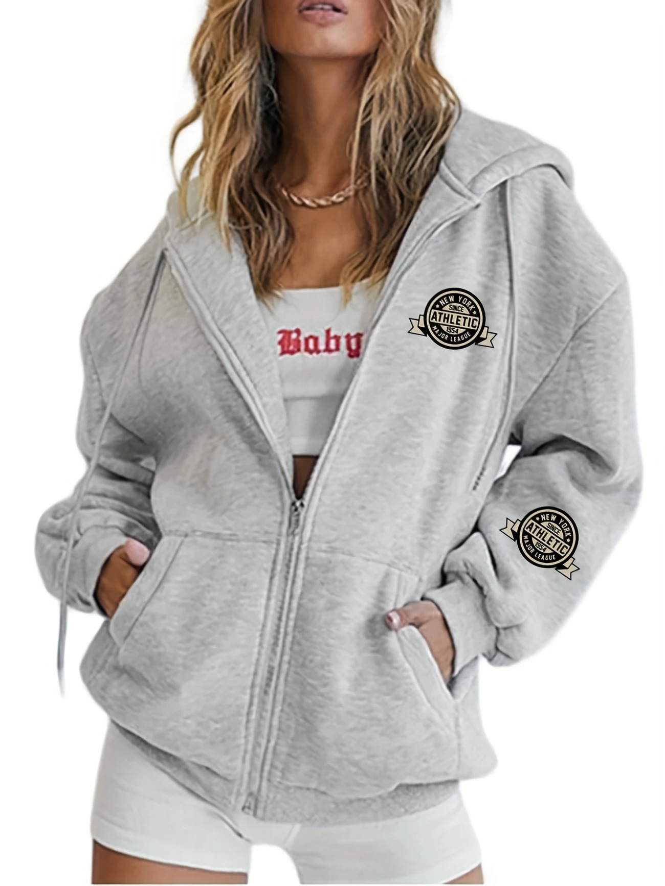 ​Women's Fleece Zip-Up Hoodie With Geometric Print - Lightweight, Warm & Stylish Casual Jacket For Outdoor & Daily Wear​_ecoleips.com