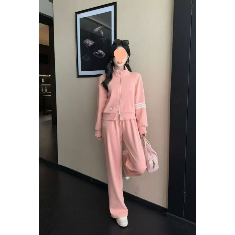 2025 Autumn Plus Size Tall Casual Sports Suit for Women Fashionable Age-Reducing Jacket Top Wide-Leg Pants Two-Piece Set Trendy