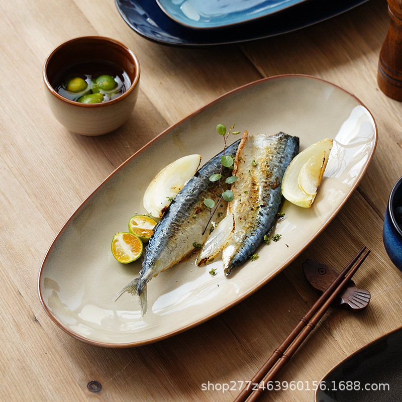 Oval Fish Plate with Kiln-Glazed Glaze, Large Household Dish Plate, Japanese Restaurant Sushi Plate, Sashimi Plate, Long Plate for Presentation