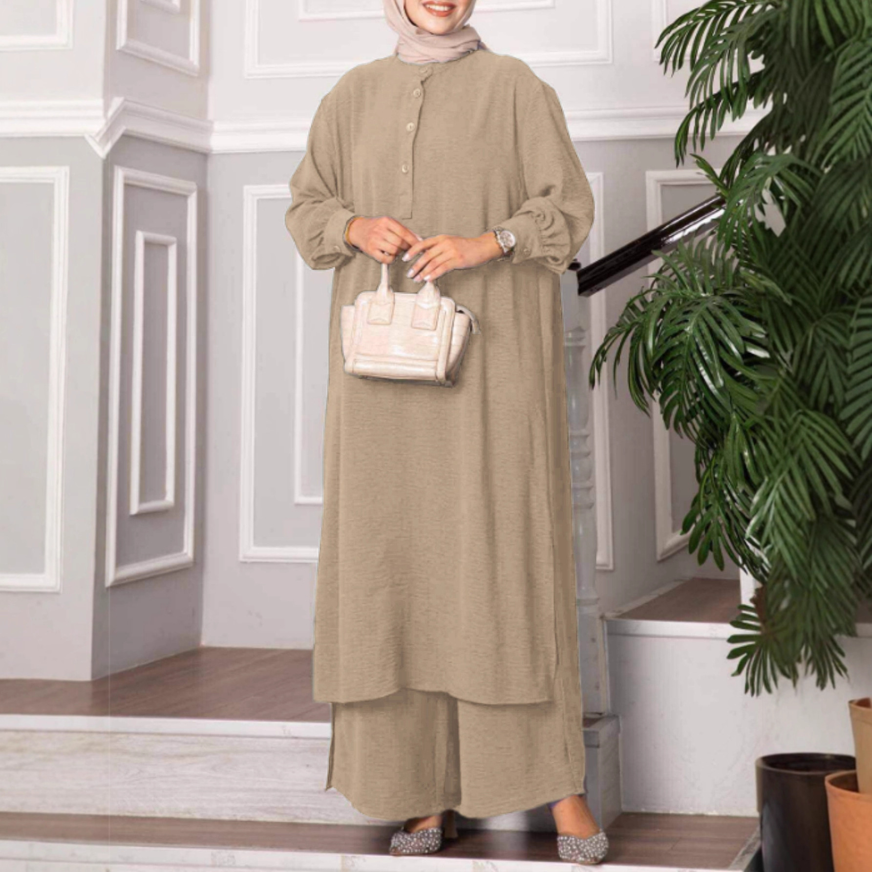 Abito da sera modesto da donna, abbigliamento musulmano ampio, completo casual da donna, top a maniche lunghe con scollo rotondo e bottoni e pantaloni a gamba larga._voghion.com