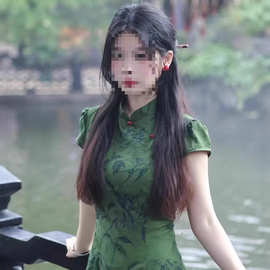 新中式提花改良旗袍女春气质复古短袖连衣裙图片色拼接