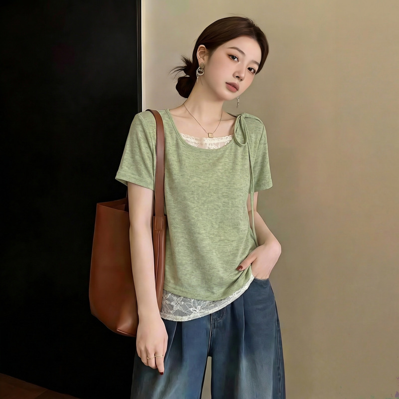 Áo thun tay ngắn nữ thiết kế ren nối giả hai lớp, phong cách Pháp thanh lịch — màu tím chi tiết 4