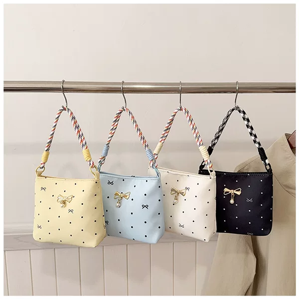 Large-capacity cross-border foreign trade fresh-style bucket bag with fashionable print, Korean version, with round rope and pearl pendant, hand-held fabric bag