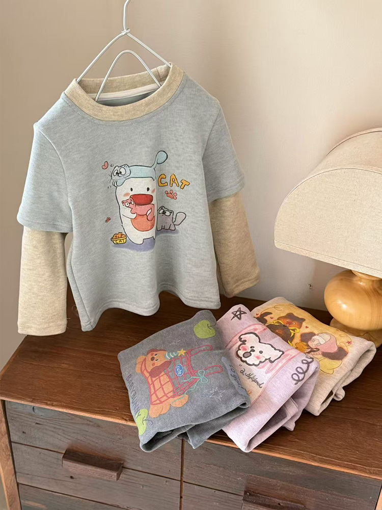 [en stock] camiseta de mangas largas de niñas invierno 25 nuevo estilo coreano de niñas falsas dos piezas de chaqueta de aire extranjero más terciopelo 350g