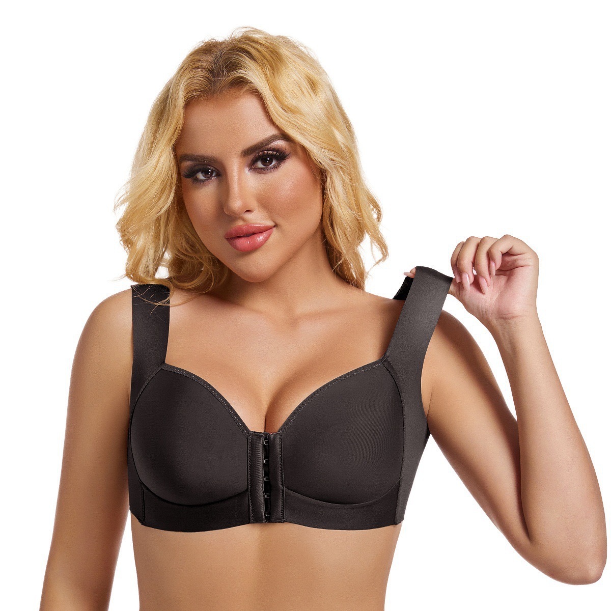 Botón delantero transfronterizo hermoso sujetador de talla grande con espalda brillante estilo delgado recogido sin anillo de acero hebilla delantera ropa interior sujetador antiflacidez para mujer