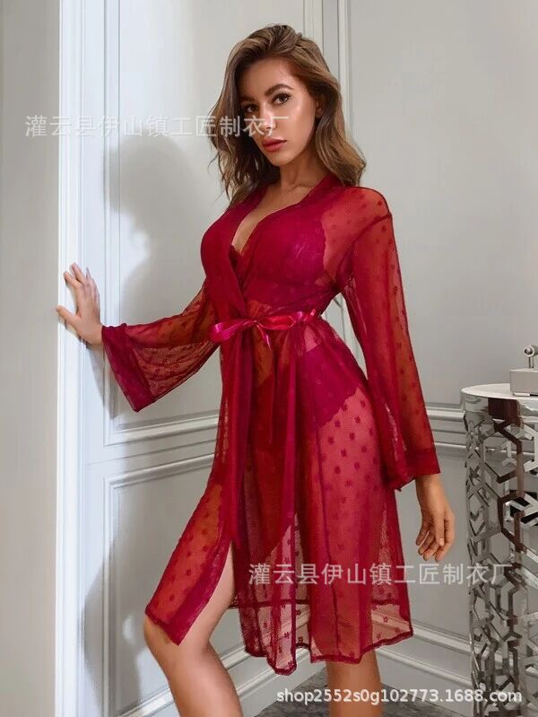 Lencería sexy transparente de encaje sexy camisón de malla de tul vestido de suspensión Albornoz conjunto de tres piezas