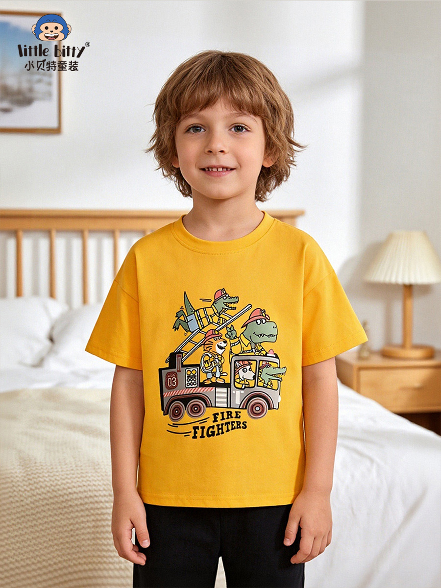 European and American Style Cross-Border Supply 2026 Spring/Summer Children's Short-Sleeve T-Shirt with Cartoon Animal Print Round Neck Boys' Top