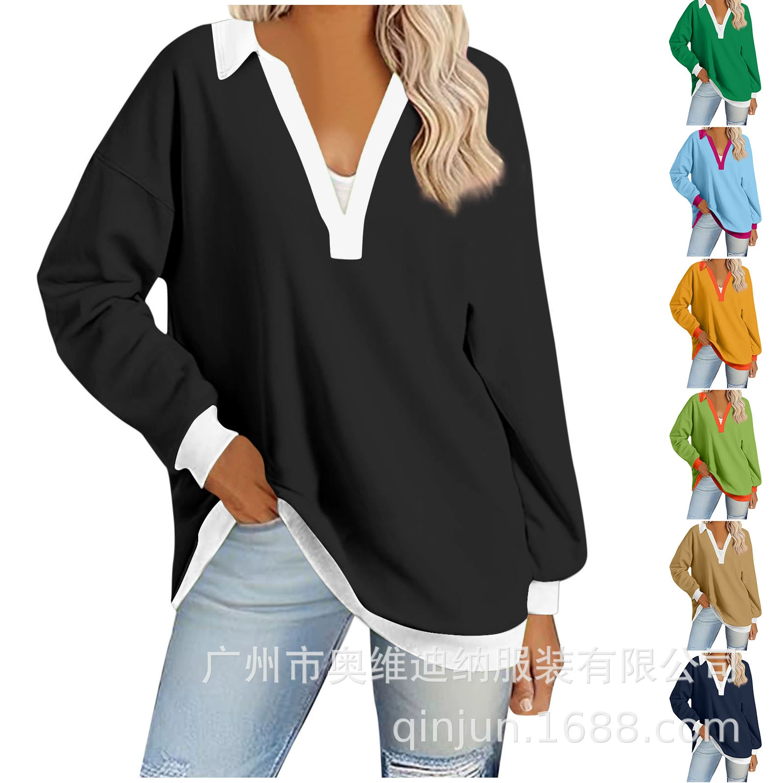 Amazon 2024 Европа и США трансграничная внешняя торговля осень-зима новый сплошной цвет V-образный воротник